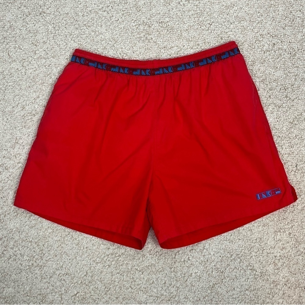 Hobie 100% cotton shell red with blue nautical flag trim swim trunks, large.